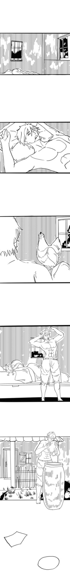 Early inked sequential panels of a character waking in a rustic room